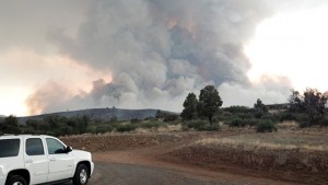 A pyrocumulonimbus cloud erupts over Yarnell at the exact moment when the Granite Mountain Hotshots were deploying their fire shelters. Photo: Arizona Forestry Division