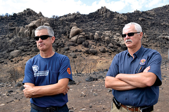 Prescott Fire Department spokesman Wade Ward (left), and Deputy State Forester Jerry Payne answer questions at the deployment site press conference. Photo: John Dougherty